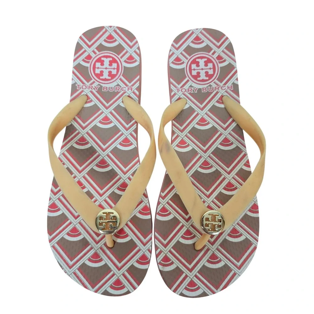 Tory Burch Women Geometric Print Flip Flop Thong Sandals Orange Brown Size 7